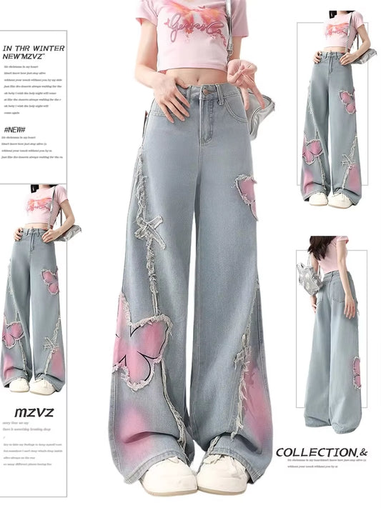 WCFCX STUDIO Women'S Black Baggy Jeans Harajuku Y2K Aesthetic Butterfly Denim Trousers Korean Jean Pants Vintage Wide Leg Pants