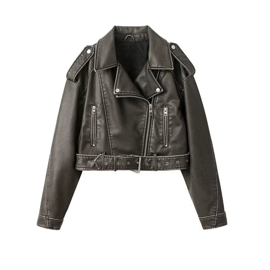 2024New Coal Graysty Le Women'S Washed Leather Jacket with Belt, Short Coat with Downgraded Zipper and Vintage Lapel Jacket