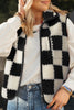 Khaki Checkered Sherpa Collared Jacket Vest