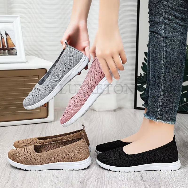 Women'S Slip on Solid Color Shoes Summer Fashion Mesh Breathable Casual Shoes Walking Non Slip Platform Sandals Flats Loafers