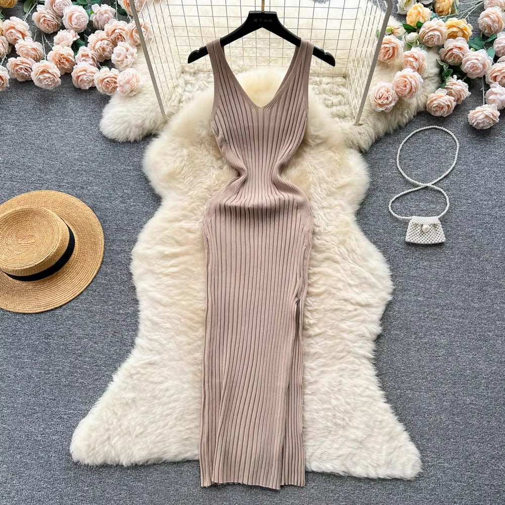 Women V Neck Solid Ribben Knitted Dresses Casual All Match Slimple Sexy Package Hips Bodycon Dress Elegant Vestidos Streetwear