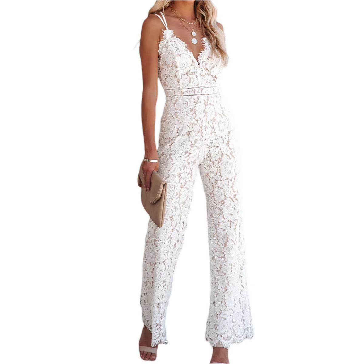 Women'S Sexy Lace Floral Jumpsuit Summer V Neck Solid Color Sleeveless Backless Bodycon Long Romper Playsuit Party Clubwear