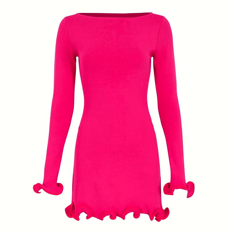 Autumn New Knitted Mini Dress for Women Fungus Contrast Color Slim Sweater Dress Elegant Female Party Clothes Long Sleeve