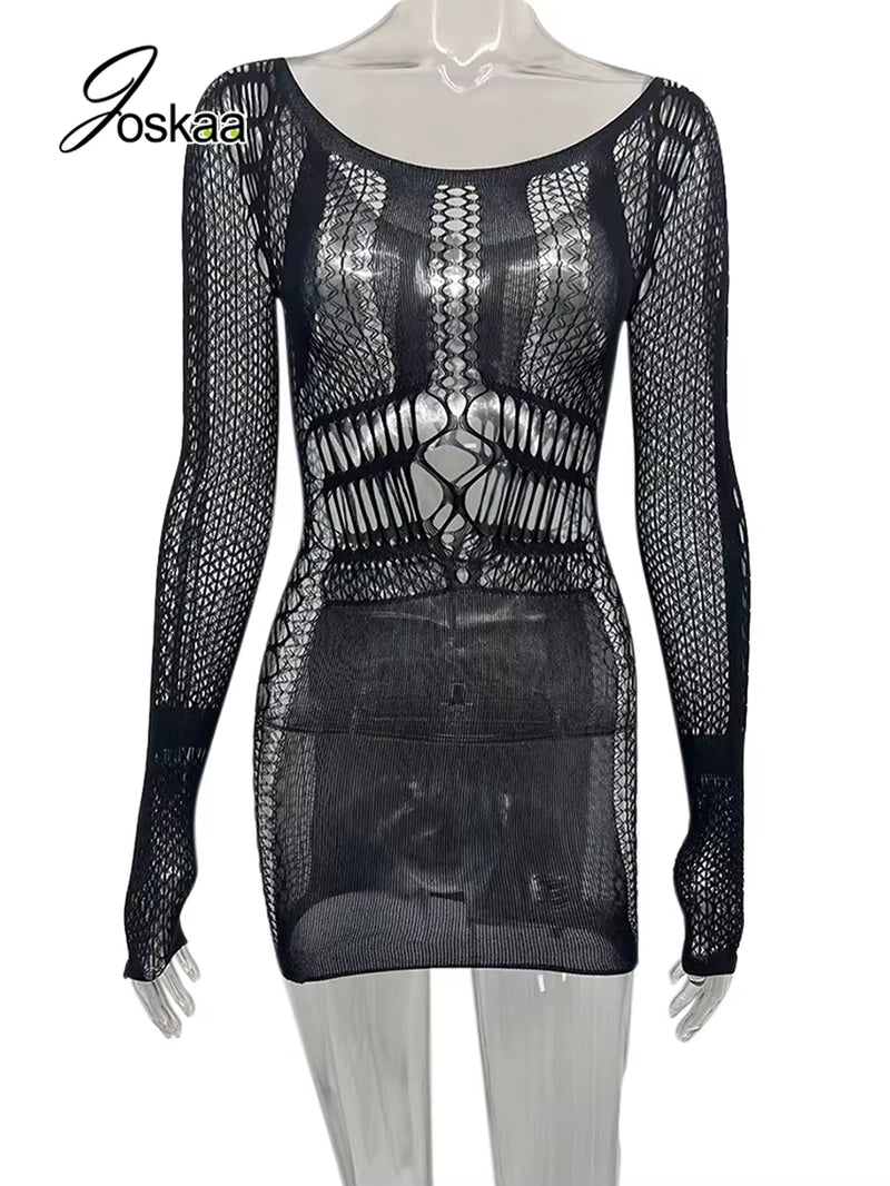 Hollow Out Summer Dress Casual Women 2024 Fashion Beach Strench See through Sexy Design Underwear Clubwear Dresses