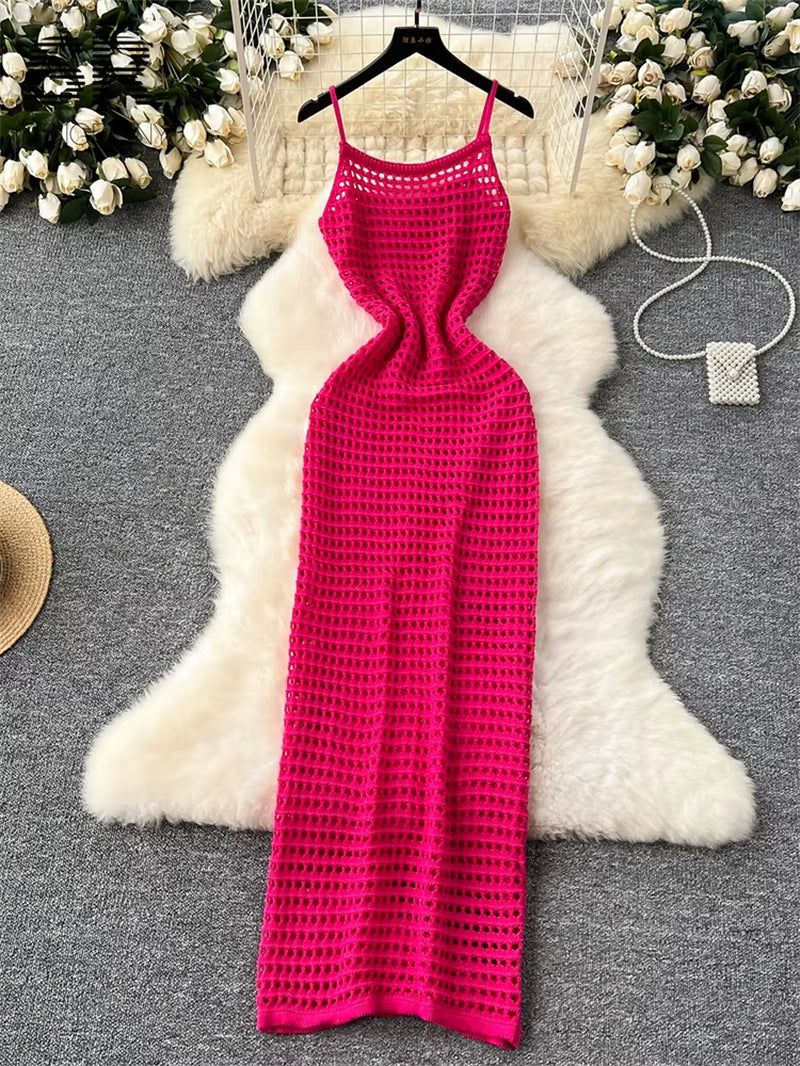 SINGREINY Summer Solid Knitting Dress Women Sleeveless Hollow Out Slim Elastic Vacation Streetwear 2024 New Style Strap Dress