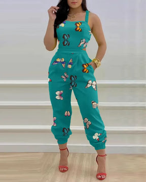 Elegant Women'S Jumpsuit 2024 Summer Fashion Strap Hollow Sexy off Waist Printed Jumpsuit