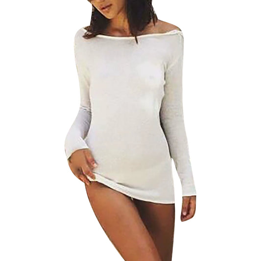 Women Sexy Dress, Solid Color round Neck Long Sleeve Backless Hip Dress, Slim-Fit Summer Short Dress for Bar, Parties, Clubs