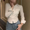 Korean White Office Women Chiffon Shirt Pocket Button Lapel Ladies Blouse Spring Commuter Long Sleeve New Female Crop Tops