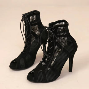 Sexy High Heels Hollow Mesh Sandals Women Summer Cross-Tied Peep Toe Heeled Sandals Ankle Strap Dance Shoes Black Net Sandals