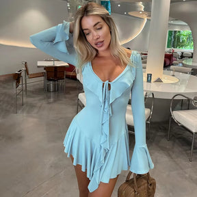 White Deep V Neck Ruffled Dress for Women Long Flare Sleeve Autumn Fashion Beach Party Short Dresses Female Sexy Slim