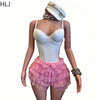 HLJ Sexy Solid Bodysuits Two Piece Sets Women V Neck Spaghetti Strap Slim Bodycon and Lace Ruffle Mini Skirts Outfits Streetwear