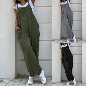 Summer Jumpsuit for Women Solid Color Jumpsuit Casual Long Pant Pockets Button Wide Leg Strap Jumpsuit Loose Rompers Overalls