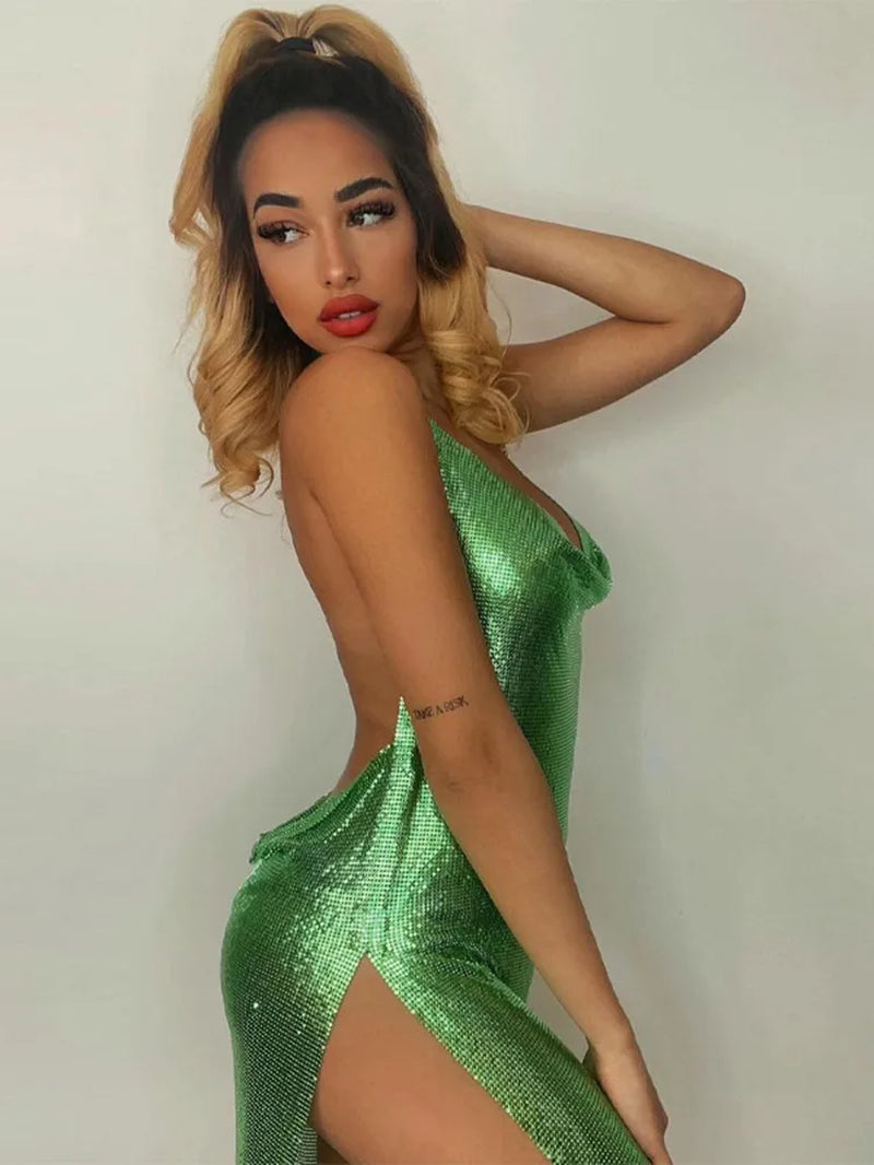 Sexy Bodycon Mini Dress for Women Bling Glitter Evening Prom Women Halter Side Slit Backless Party Club Summer Clothes