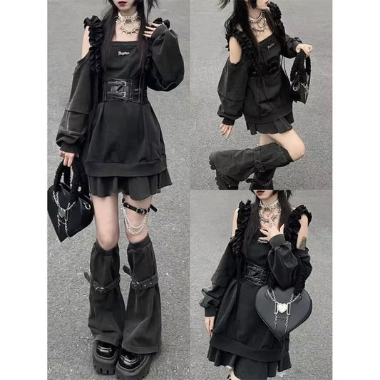 Harajuku Y2K Punk Loose Hoodies Dress Two Pieces Suit Women Socks Grey T-Shirts Vestidos Long Sleeve College Girls Dresses Sets