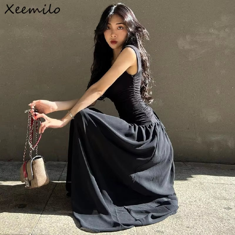 Women Summer Party Long Dress Sexy Ruched Bodycon Black Maxi Dresses 2024 Elegant Temperament High-Waist Vestidos New