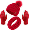 Womens Winter Warm Sets Knitted Fur Pompoms Beanie Hat Circle Loop Scarf Touch Screen Gloves Winter Favor Accessories