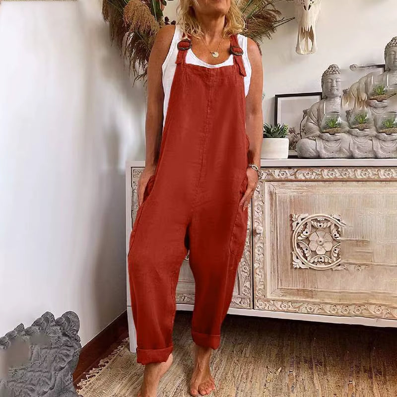 Women Large Cotton Linen Strap Loose Jumpsuit Summer Casual Wide Leg Ankle Length Fashion Jumpsuit Solid Color Pockets Romper