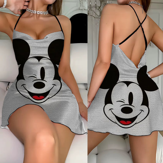 Backless Dress Mickey Elegant Dresses for Women Disney Lettuce Trim Crew Neck Minnie Mouse Fashion Summer 2024 Neck Slip Dress