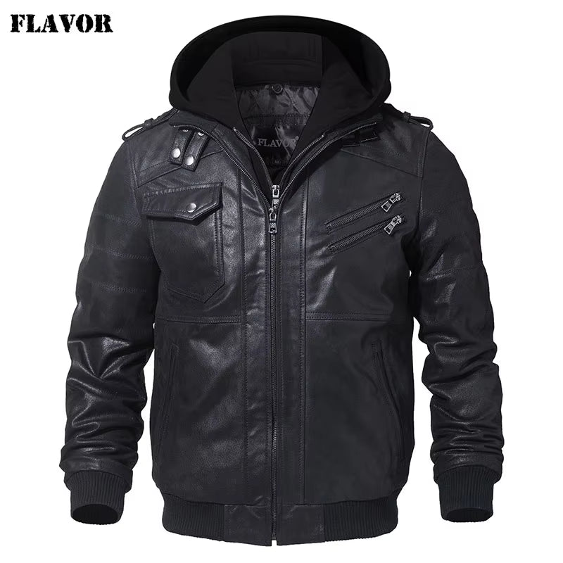 Men'S Real Leather Jacket Men Motorcycle Removable Hood Winter Coat Men Warm Genuine Leather Jackets