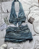 Gothic Skirt Two Piece Sets Womens Y2K Clothing Sexy Hot Sweetheart Harajuku Bow Retro Blue Denim Skirt Slim Strap Top Tops Set