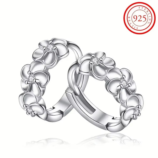 Sterling 925 Silver Exquisite Camellia Pattern Hoop Earrings Cute Elegant Style Delicate Gift for Women Girls Daily Casual