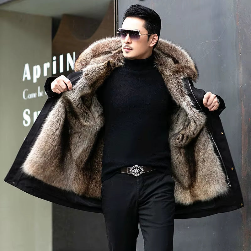 Parker Men'S Imitation Fur Liner Winter Warm New Fur One-Piece Coat Imitation Mink Fleece Mid-Length Fur Coat