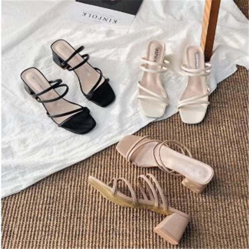 Women Sandals Ladies Square Heels Elegant Summer Slippers outside Cross Tied Leather Female Slides 2023 Fashion Woman Sandals