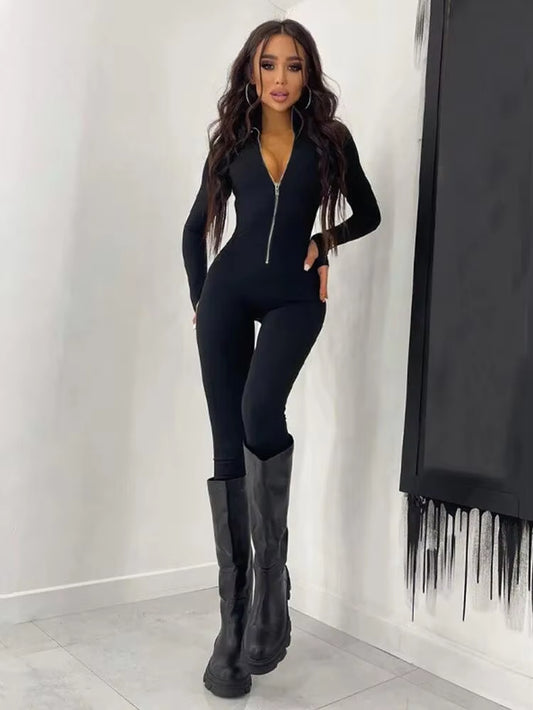 Fitness Outfit Female Casual Sporty Workout Zipper Jumpsuit Women Rompers Long Sleeve Skinny Activity Wear Overalls Tops