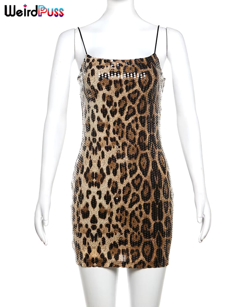 Leopard Print Sexy Dress Women Sequins Hipster Summer Fashion Skinny Elastic Skinny Midnight Party Clubwear Bodycon