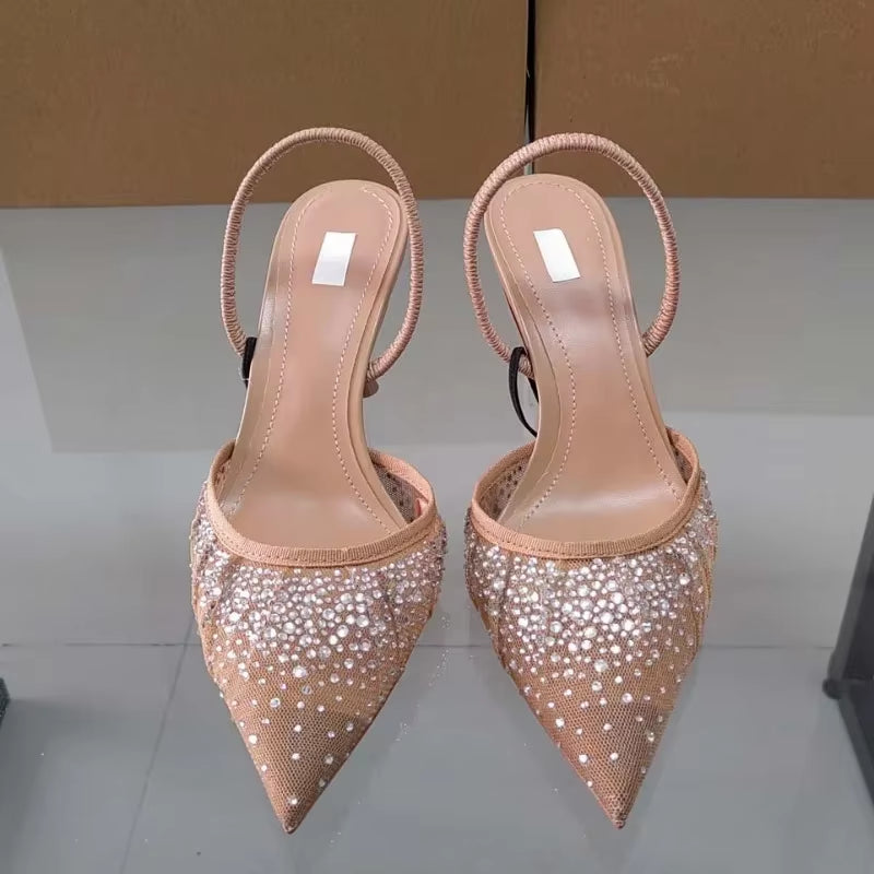 2025 Summer New Women'S Sandals Water Diamond Bright Mesh High Heels Footwear Elegant Slingback Pointed Slip on Party Lady Shoes