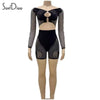 Mesh Hollow Out Two Piece Sets for Women Sexy Long Sleeve Crop Tops and Shorts Matching 2024 Coquette Nightclub Outfits