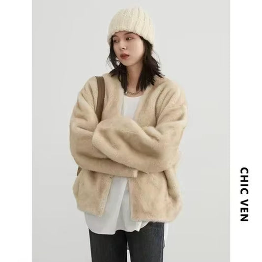 Women'S Jacket Loose Casual Solid Overcoat New Female Plush Coat V-Neck Woman Outerwear Autumn Winter 2023