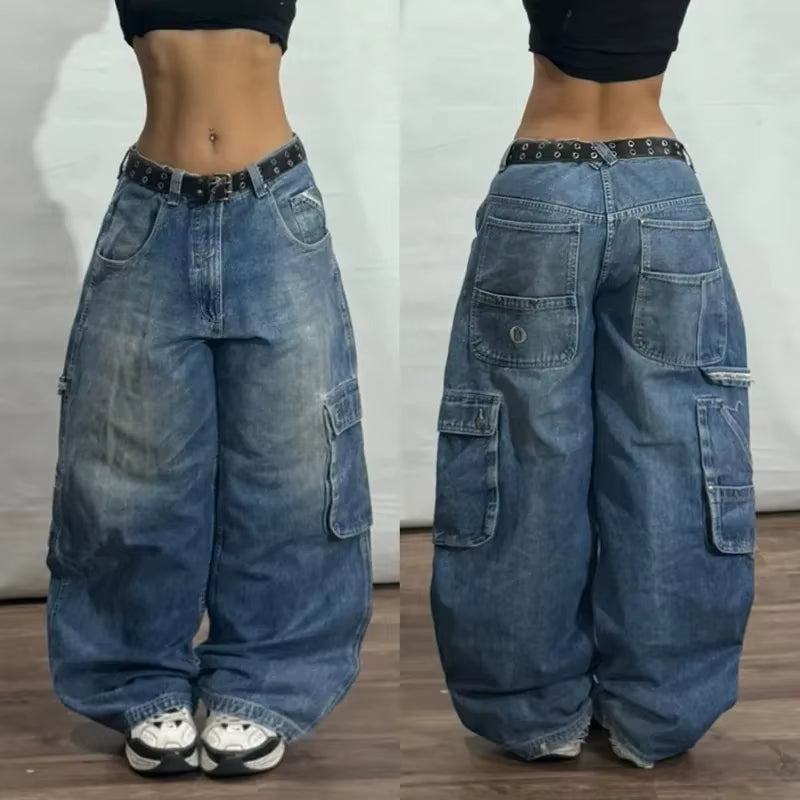 Streetwear New Fashion Old Washing Heavy Industry Big Pocket Black Baggy Jeans Men Y2K Rock Hiphop Dark Casual Wide-Leg Trousers