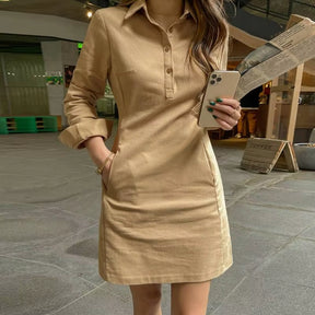 Women Dress Summer Elegant Long Sleeve Solid Color Shirt Sundress 2024 Casual Loose Buttons Pockets Short Mini Vestidos