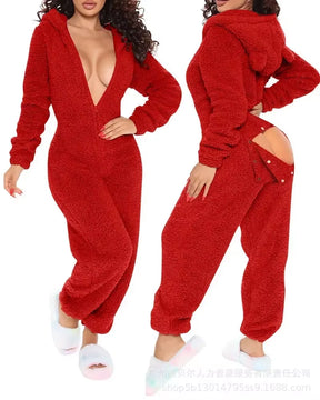 Homewear Pajamas Jumpsuits Women Autumn Winter Long-Sleeved Hooded Trousers Rompers Plush Loungewear Pajamas Jumpsuit Outfits