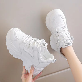 White Platform Women'S Sneakers 2024 Spring Lace-Up Thick Bottom Vulcanize Shoes Woman Pu Leather Breathable Sports Shoes Ladies