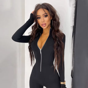 Fitness Outfit Female Casual Sporty Workout Zipper Jumpsuit Women Rompers Long Sleeve Skinny Activity Wear Overalls Tops