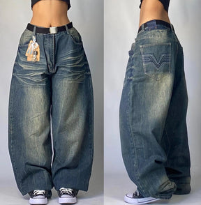 Streetwear New Vintage Letter Printing Washed Baggy Jeans Women Y2K Harajuku Hip Hop Popular Gothic High Waist Wide Leg Pants