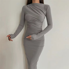 Autumn Elegant Ruched Long Bodycon Dress Fashion Outfits for Women Club Party Slinky Sexy Dresses Birthday Robes