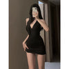 Women Sexy Halter Backless Slim V-Neck Wrap Black Party Night Mini Dress