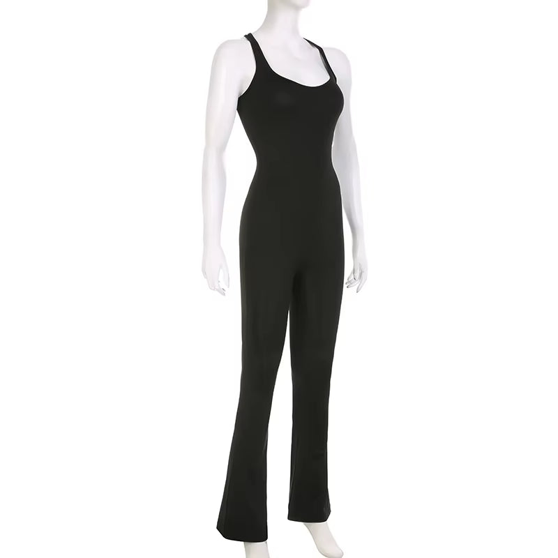 Women Sexy Jumpsuits Hollow Out Backless Sleeveless Solid Rompers Casual Bodycon Streetwear Sporty Overall Black Summer