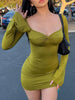 Sexy V Neck Front Chest Twisted Slim Bodycon Dress Women Long Trumpet Sleeves Mini Dress Elegant Club Party Vestidos