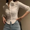 Korean White Office Women Chiffon Shirt Pocket Button Lapel Ladies Blouse Spring Commuter Long Sleeve New Female Crop Tops