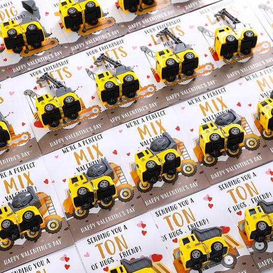 Valentines Day Gifts for Kids-24 Pack Valentines Cards with Construction Vehicles Toys Car for Kids Classroom Exchange Cards for Toddlers Girls Boys School Party Favors