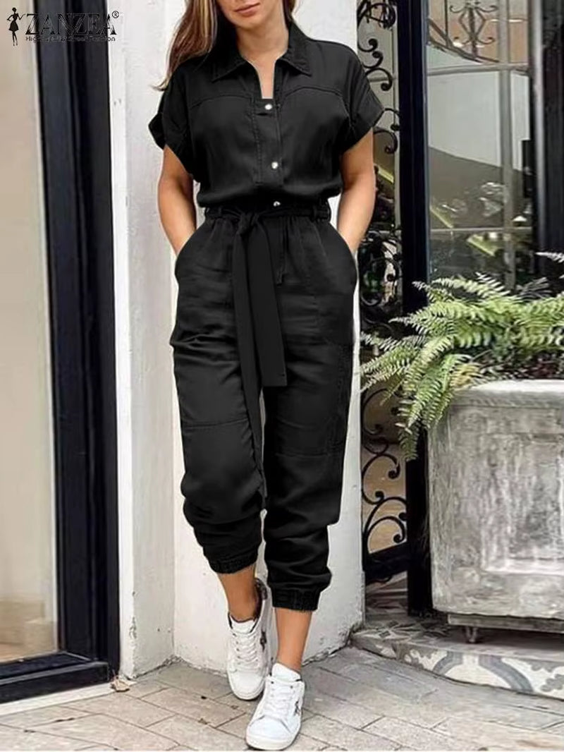 2024 Summer Fashion OL Work Jumpsuits Vintage Cargo Rompers Woman Lapel Neck Short Sleeve Playsuits Elegant Party Overall