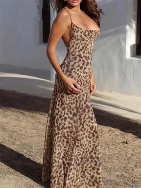 Leopard Print Long Dress Women Tulle Backless Slip Dress Woman Summer Sexy Holiday Dresses 2024 Vintage Midi Party Dresses