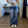 Women'S Harajuku Print Jeans Floral Print Vintage Aesthetic Baggy Straight Pants Grunge Casual Outfits Trousers Streetwear Y2K