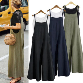 Casual Loose Jumpsuit Women Summer Solid Cotton Linen Straps Wide Leg Pants Dungaree Bib Overalls Sleeveless Oversized Jumpsuits