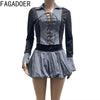 Y2K Punk Two Piece Set for Women Hollow Out Bandage Patchwork Crop Top + Puffy Bubble Skirt Suits Hot Girl Streetwear