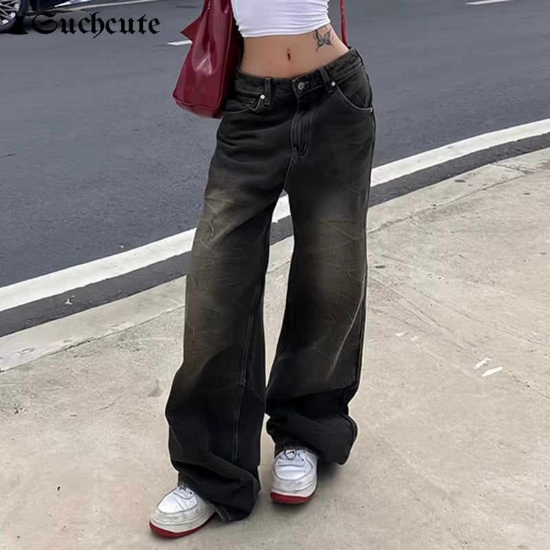 Low Waist Jeans for Women Goth Y2K Style Baggy Jeans Punk New Jeans Wide Leg Denim Pants Kpop Casual Loose Streetwear